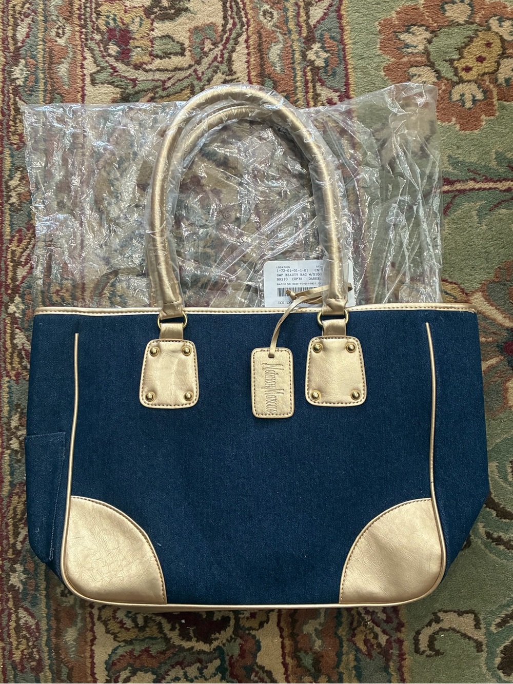 Neiman Marcus Denim Medium Tote Hand Bag Blue and Gold Women’s NWT